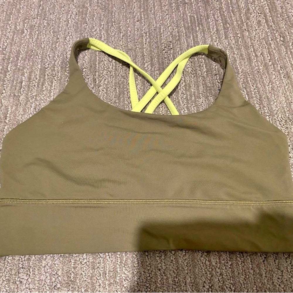 lululemon athletica Olive Green Sports Bra with Neon Yellow Crisscross Straps